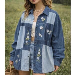 Vintage 90s Patchwork Denim Shirt Floral Embroidery Oversized Boho Cottagecore